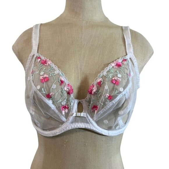 Freya bray women's 32H white sheer mesh pink embroidered flowers unlined - Picture 1 of 8